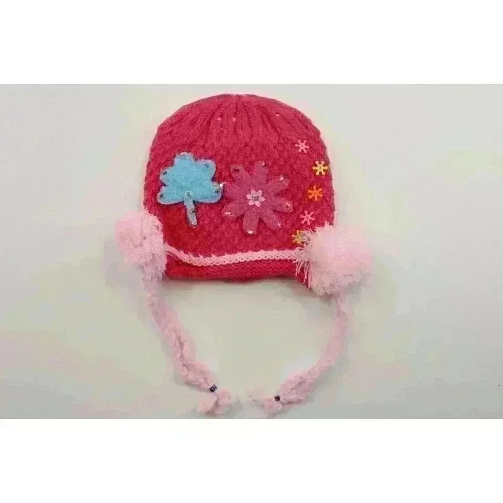 HAND knitted girl hat with knitted applique with beads for 3-6 year old. NEW.